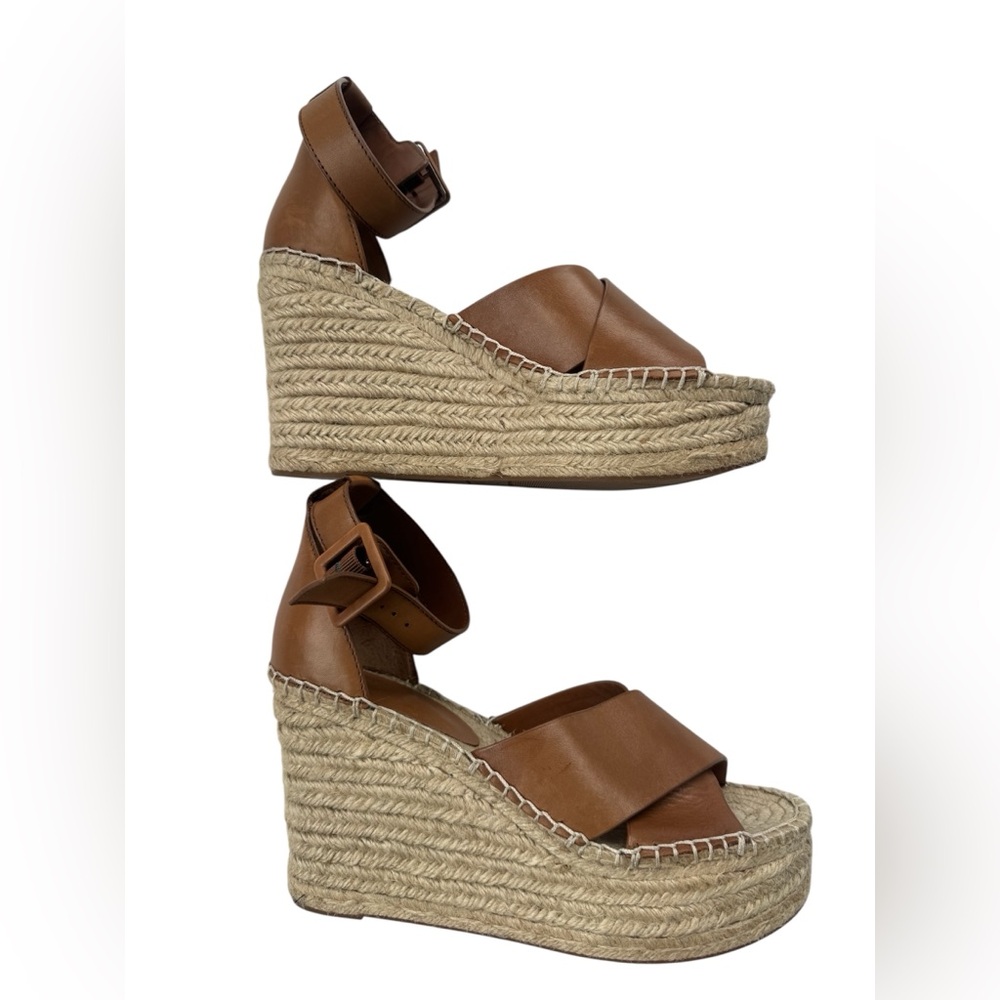 Marc Fisher Limited Brown Leather Espadrille Platform Wedge Sandals Size 9
